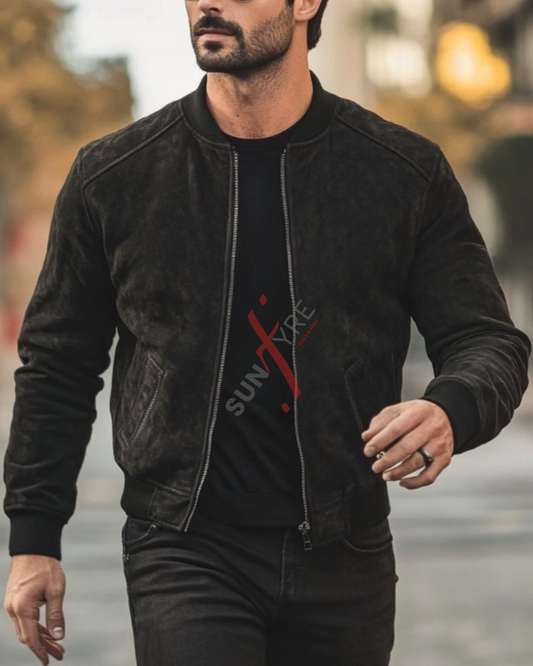Black Original Sheepskin Nubak Bomber Leather Jacket For Men (SF525)