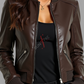 Brown Short Bomber Leather Jacket For Women 