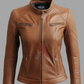 Quillted Cafe Racer Sheepskin Cognac Biker Leather Jacket For Women