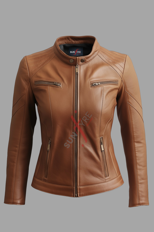 Quillted Cafe Racer Sheepskin Cognac Biker Leather Jacket For Women