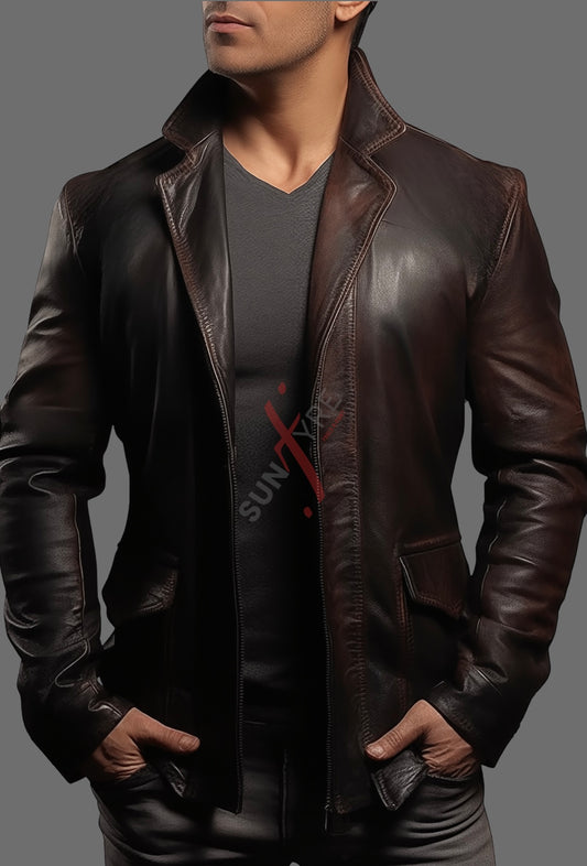 Distressed Brown Leather Blazer For Men Real Sheepskin (SF537)