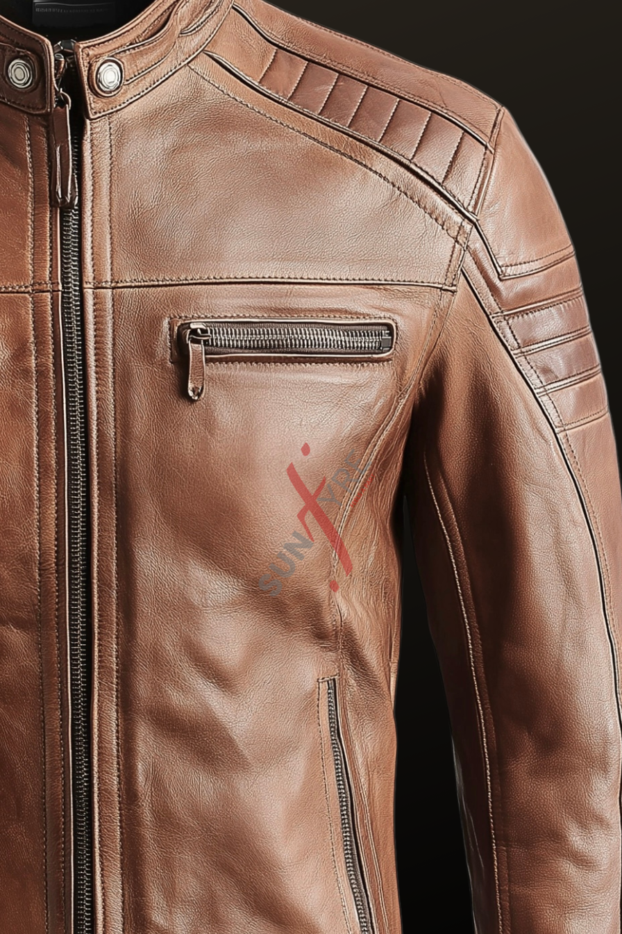  Cafe Racer Slim Fit Tan Biker Leather Jacket For Men