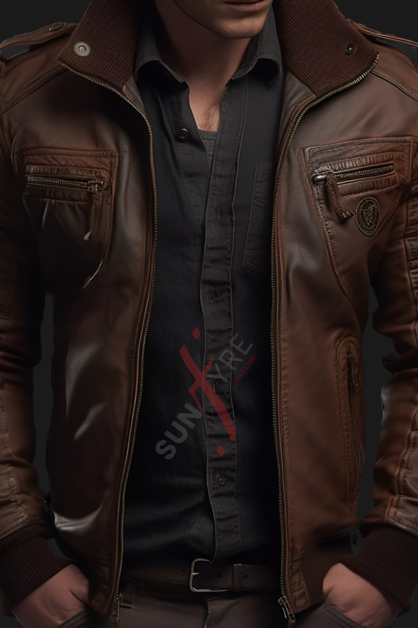 Chestnut brown bomber leather jacket 