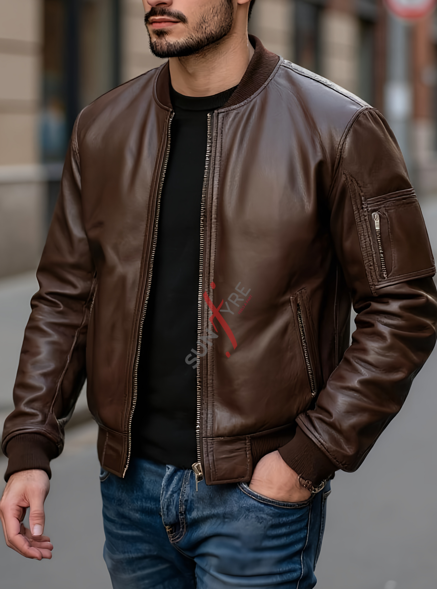 Original Dark Brown Bomber Leather Jacket For Men (SF698)