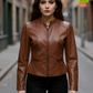 Brown Original Racer Leather Jacket For Women (SF368)