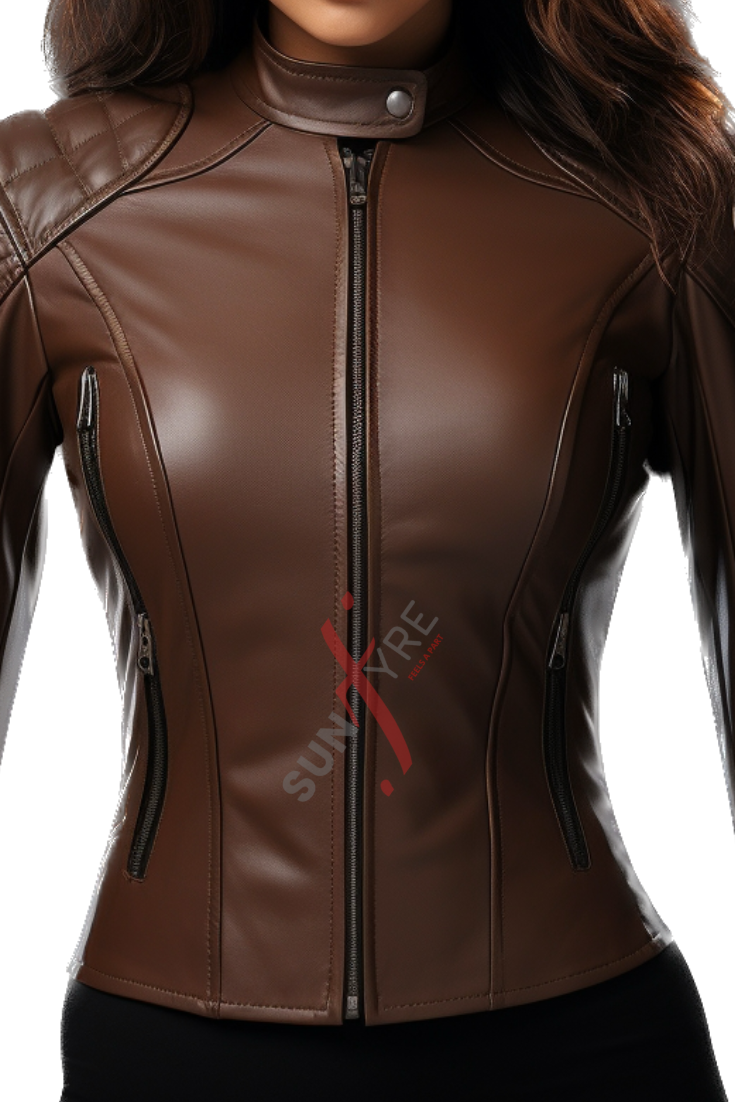 Chestnut Brown Slim Fit Cafe Racer Leather Jacket For Women