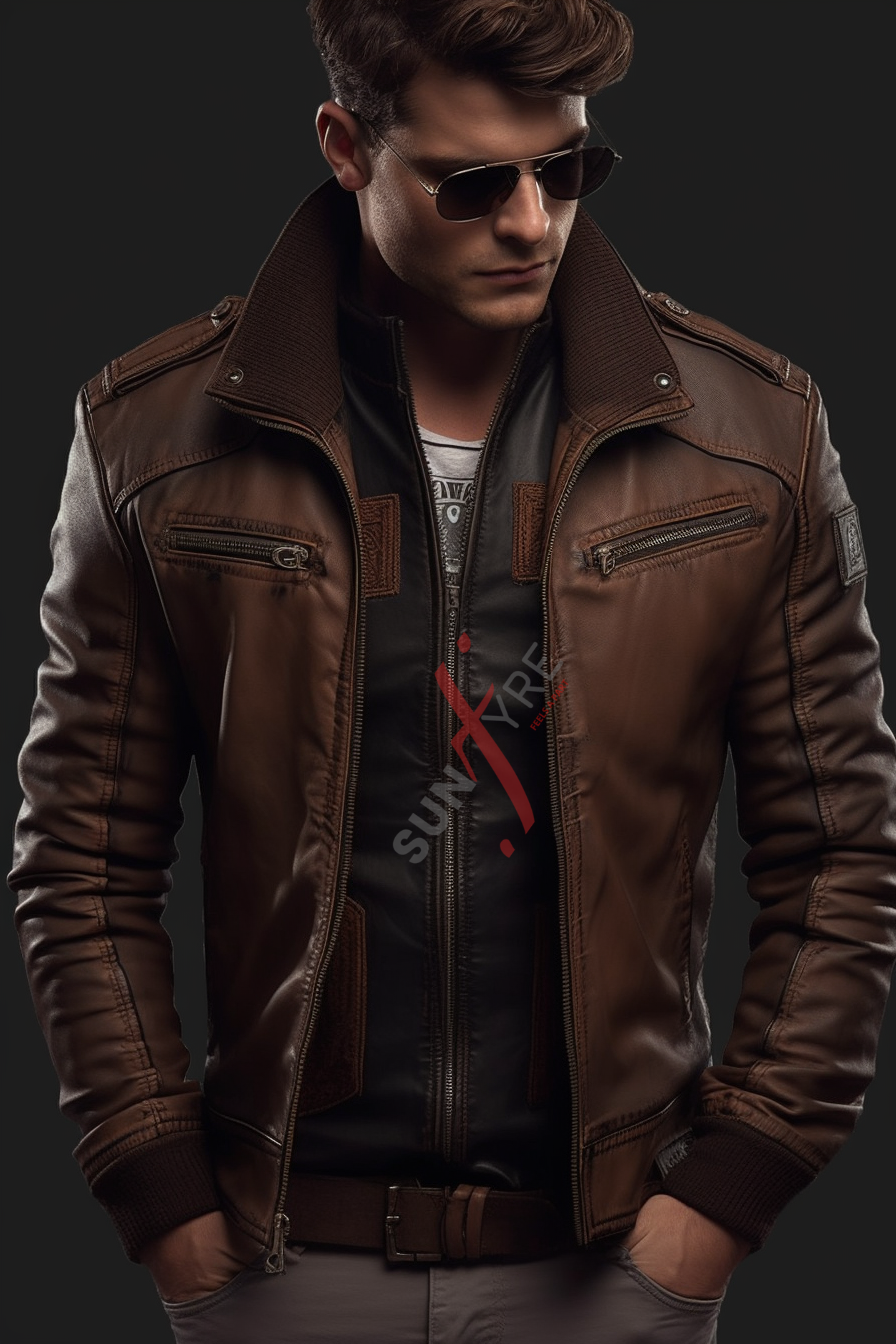 Real Sheepskin Brown Bomber Leather Jacket For Men