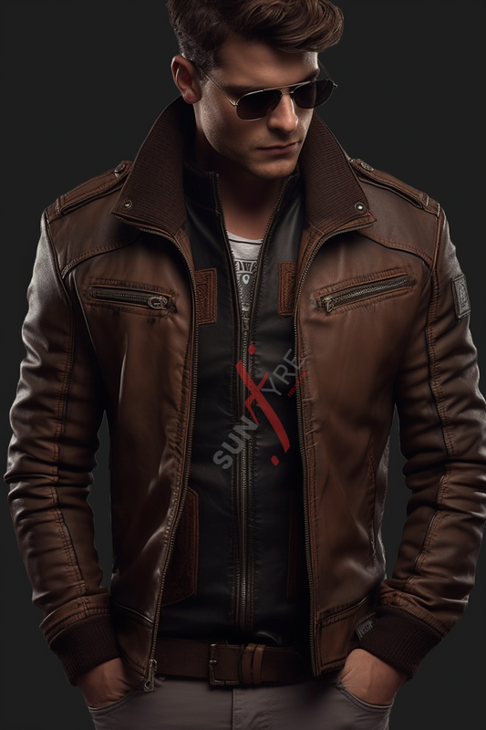 Real Sheepskin Brown Bomber Leather Jacket For Men