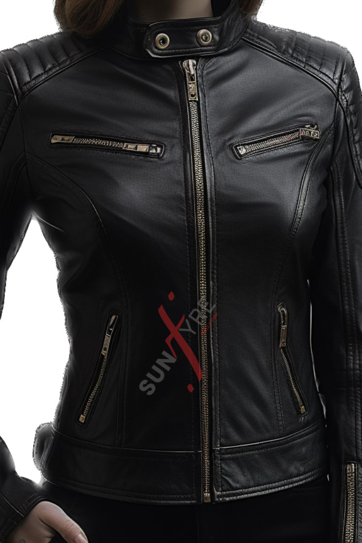 Sheepskin Cafe Racer Quilted Black Leather Jacket For Women