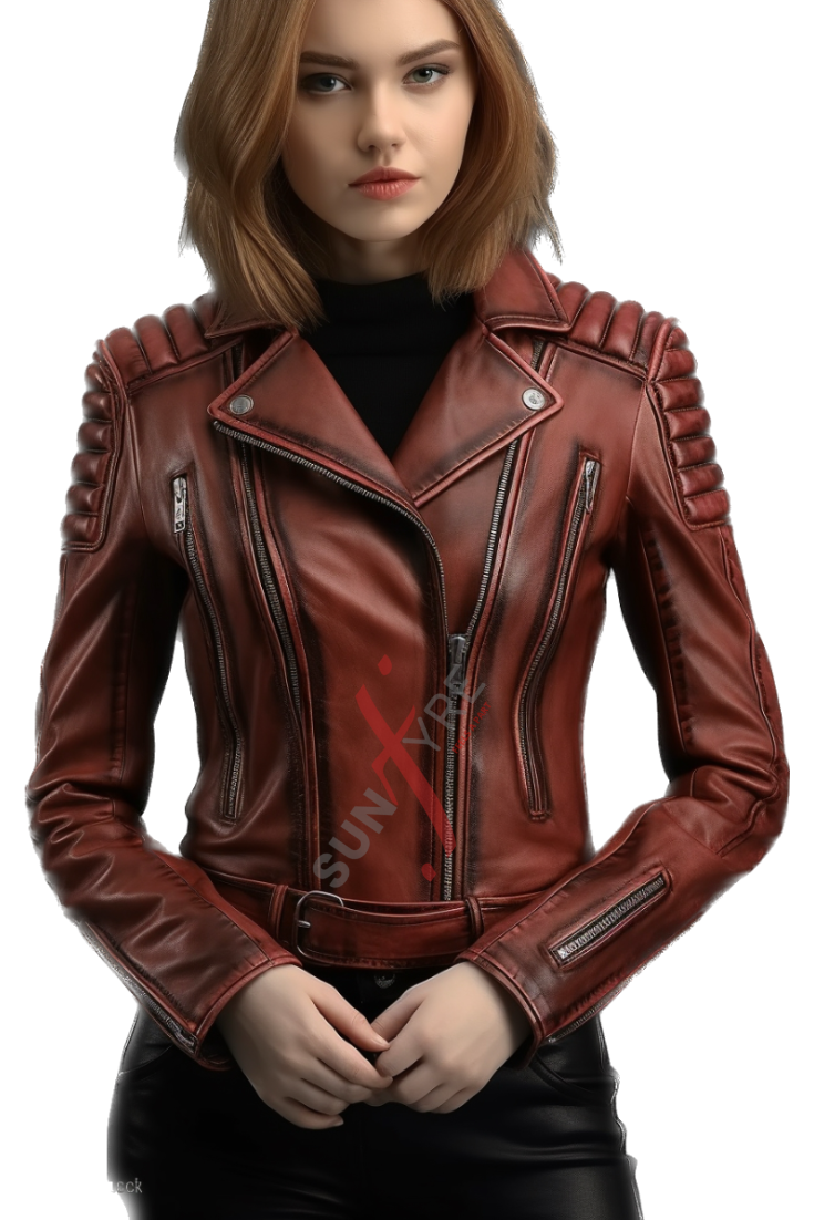 Sheepskin Asymmetrical Quilted Burgundy Belted Leather Jacket For Women