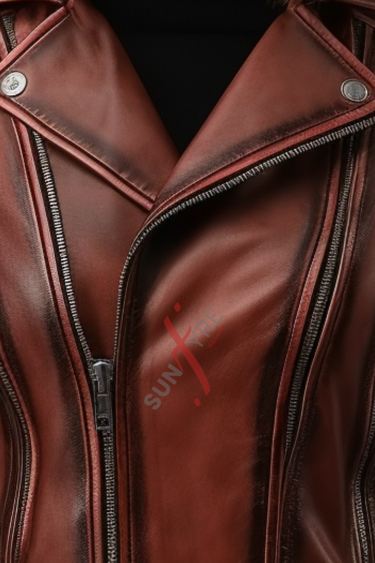 Sheepskin Asymmetrical Quilted Burgundy Belted Leather Jacket For Women