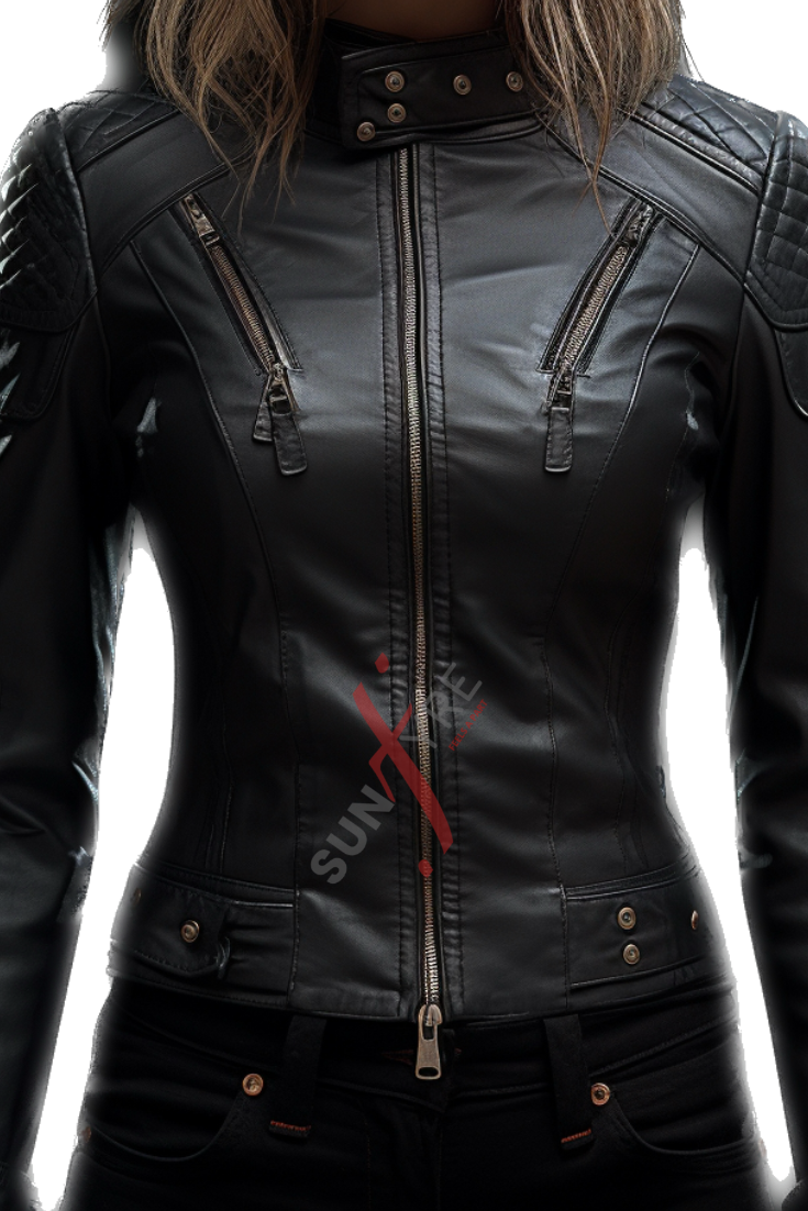 Sheepskin Black Leather Biker Jacket For Women