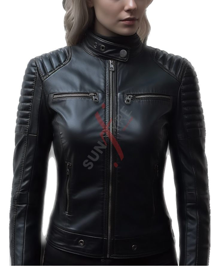 Quilted Cafe Racer Sheepskin Black Leather Jacket For Women