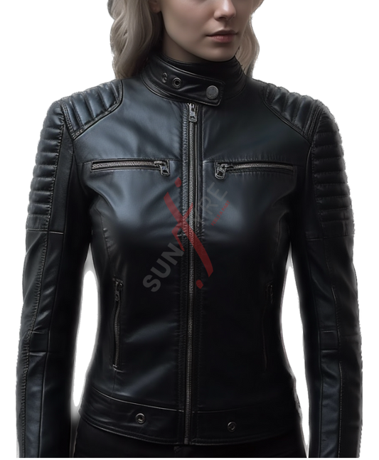 Quilted Cafe Racer Sheepskin Black Leather Jacket For Women