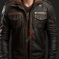 Sheepskin Matt Black Distressed Bomber Leather Jacket For Men