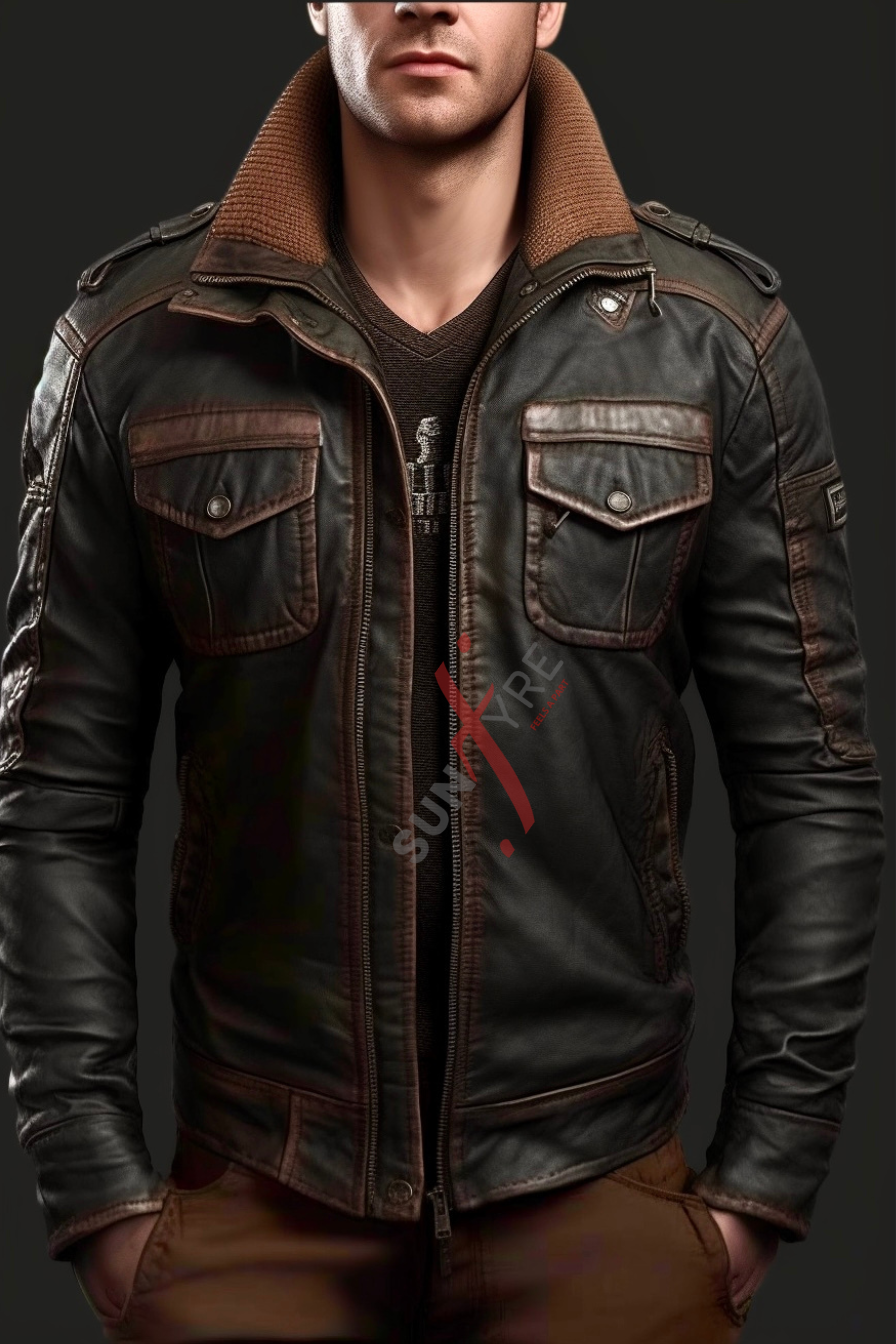 Sheepskin Matt Black Distressed Bomber Leather Jacket For Men