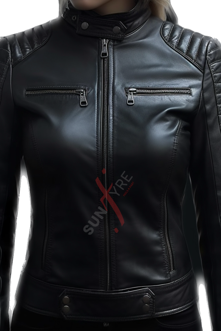  Quilted Cafe Racer Black Leather Jacket For Women