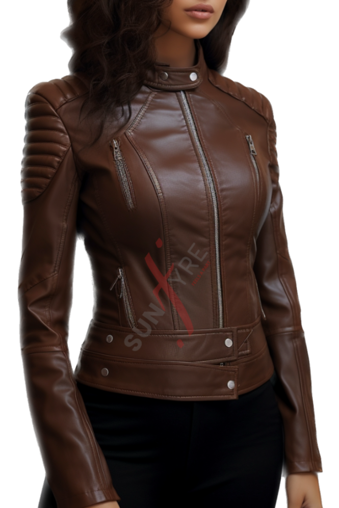 Brown Sheepskin Slim Fit Biker Leather Jacket For Women