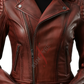 Burgundy Asymmetrical Distressed Leather Biker Jacket For Women