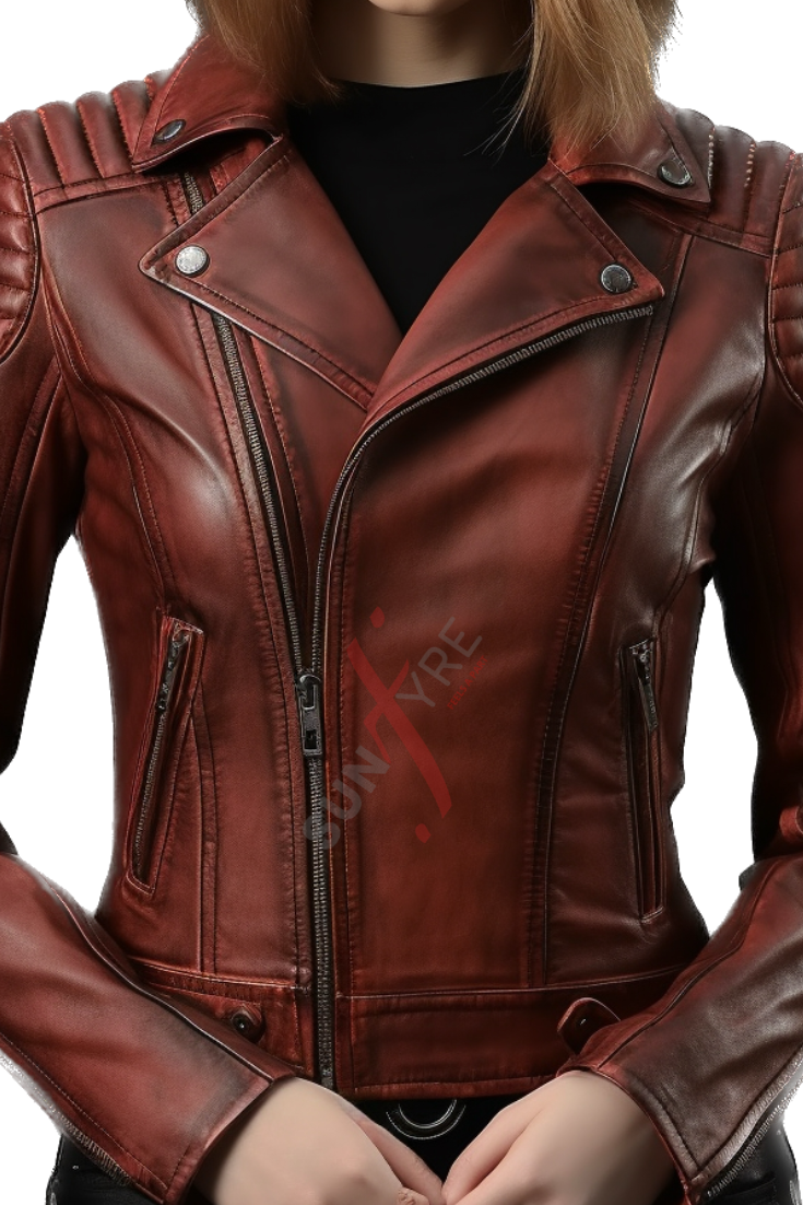 Burgundy Asymmetrical Distressed Leather Biker Jacket For Women