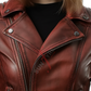 Sheepskin Burgundy Asymmetrical Leather Biker Jacket For Women