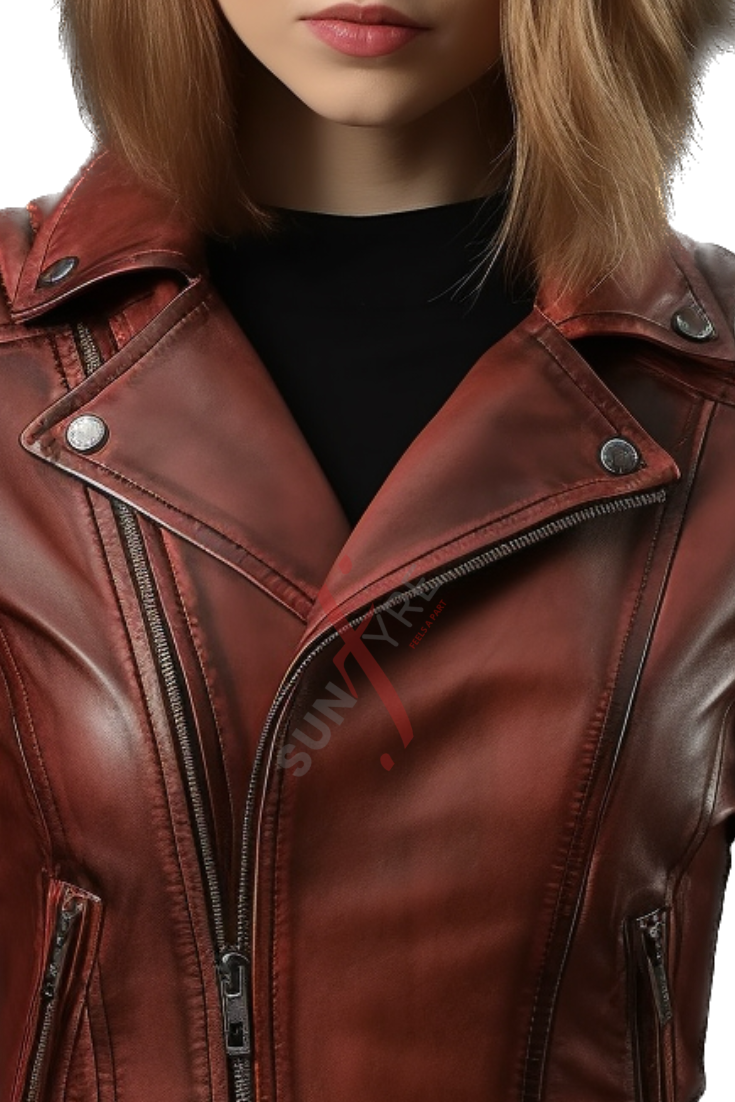 Sheepskin Burgundy Asymmetrical Leather Biker Jacket For Women