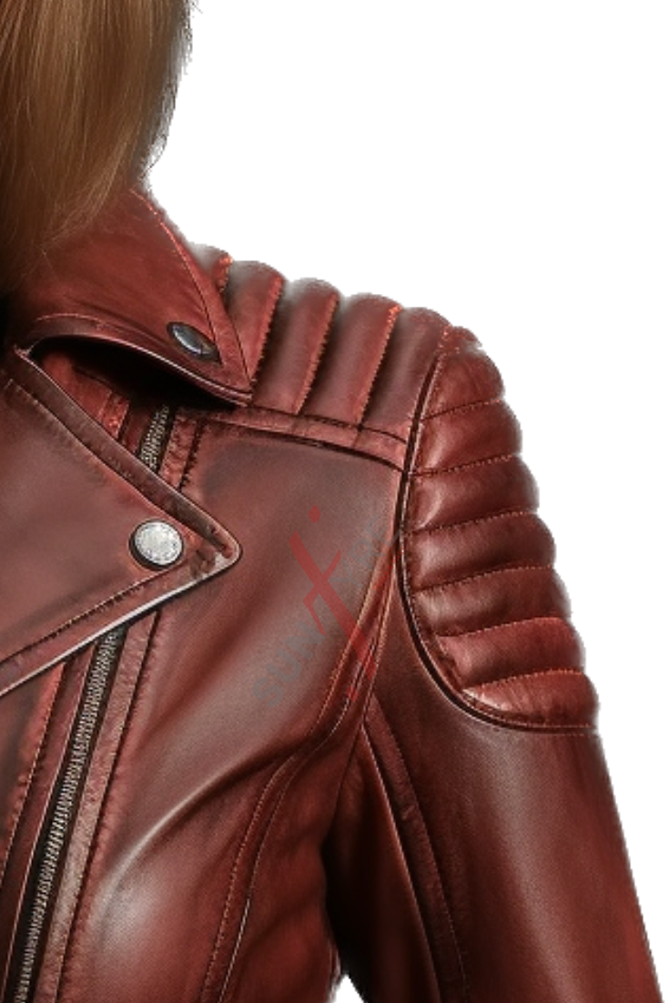 Sheepskin Asymmetrical Distressed Leather Biker Jacket For Women