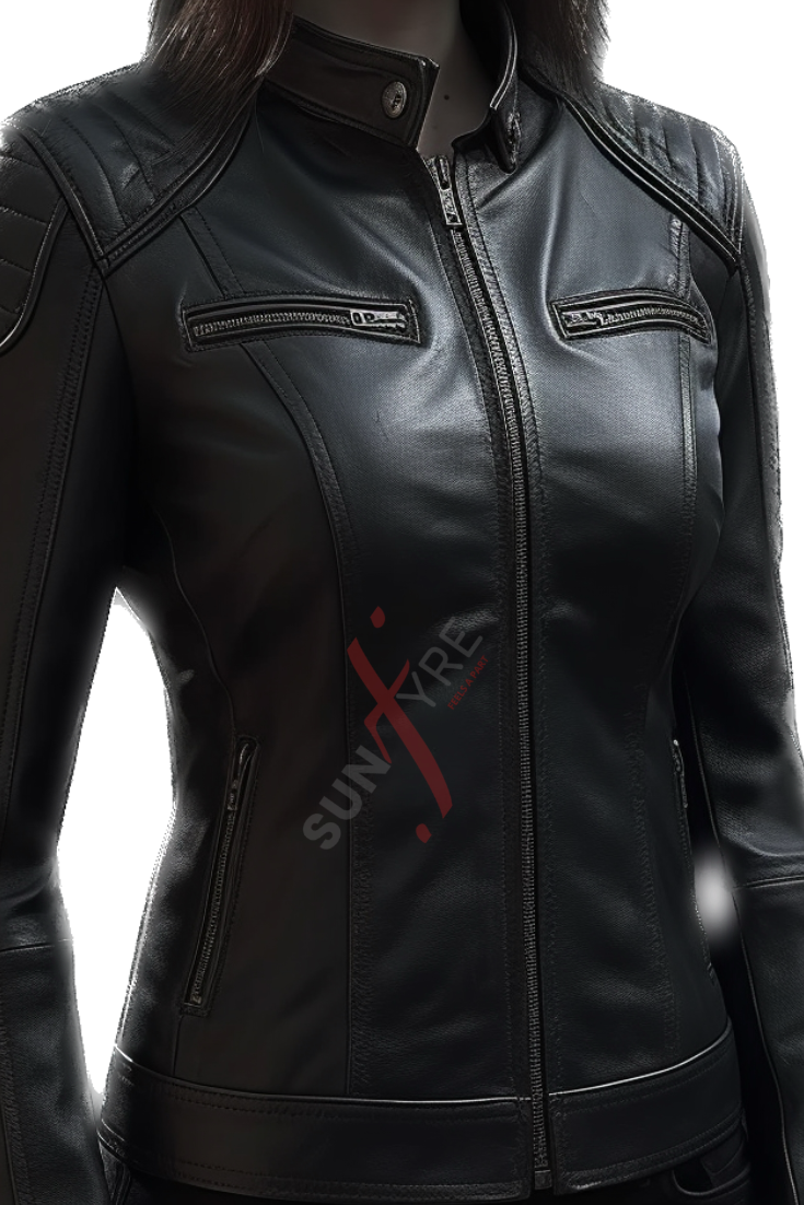 Cafe Racer Sheepskin Black Leather Jacket For Women