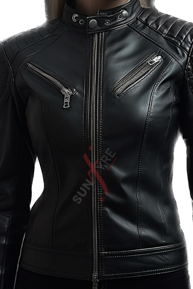 Cafe Racer Lambskin Black Leather Jacket For Women