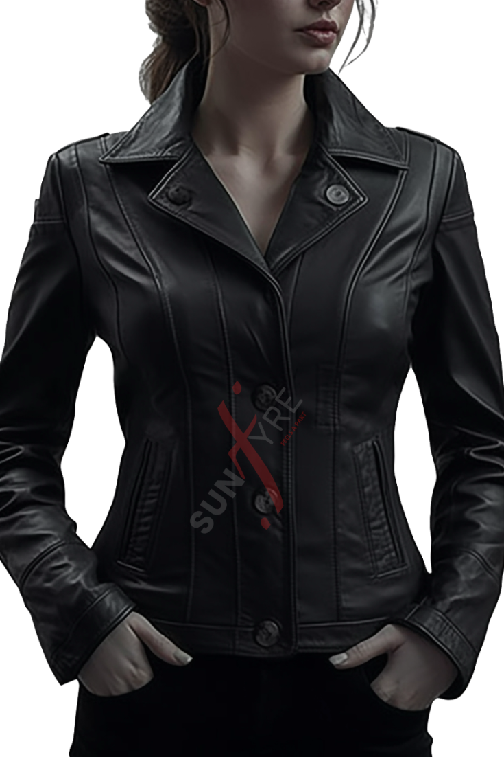 Black Sheepskin Motorcycle Leather Jacket For Women