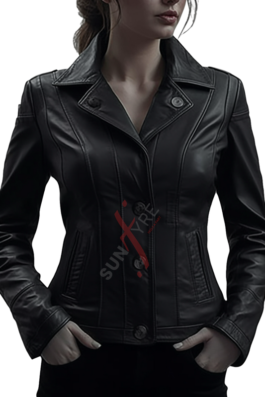 Black Sheepskin Motorcycle Leather Jacket For Women