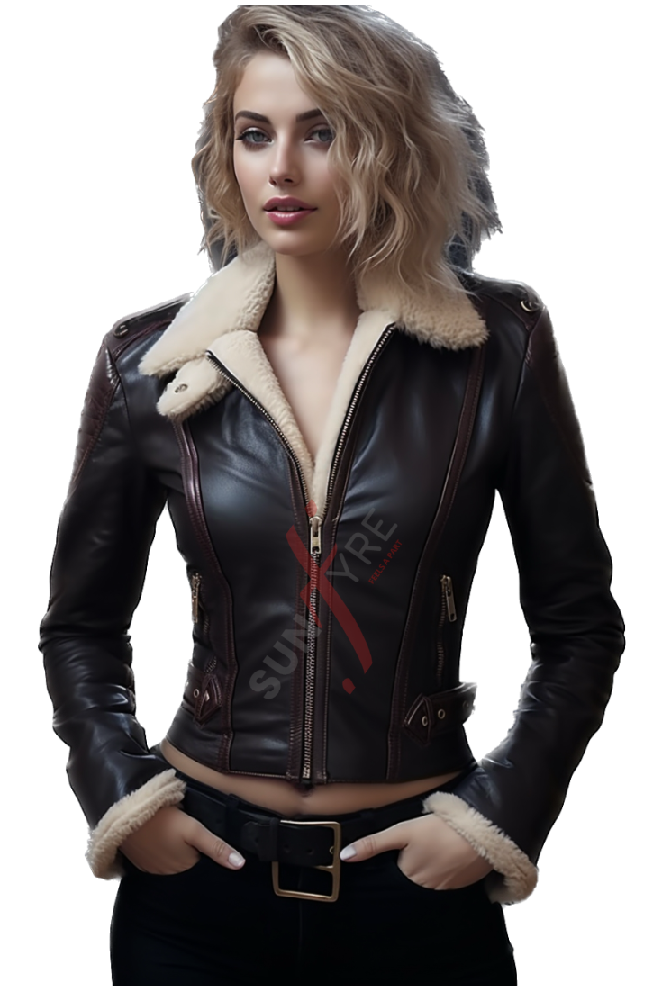 Sheepskin Black Shearling Two Tone Leather Jacket For Women