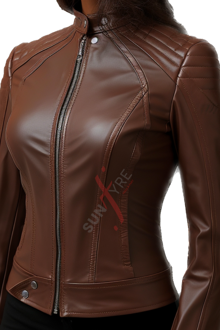 Brown Slim Fit Cafe Racer Leather Jacket For Women