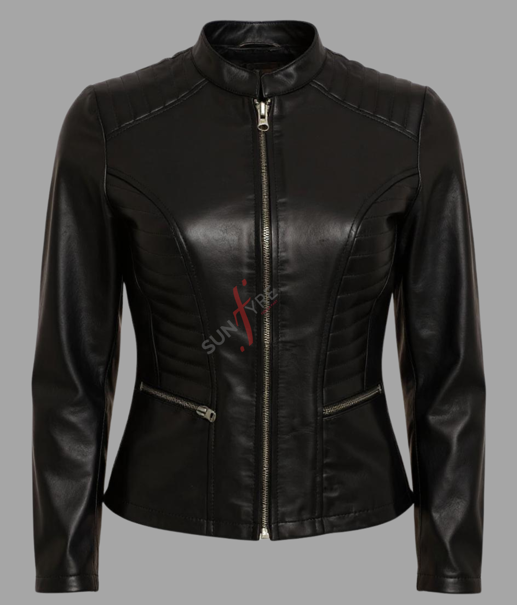Quilted Shoulder Black Biker Leather Jacket for Women Real Sheepskin 