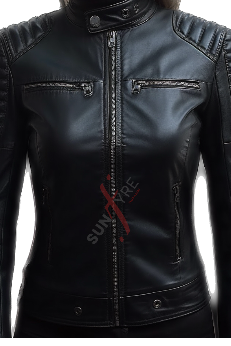 Cafe Racer Sheepskin Black Leather Jacket For Women