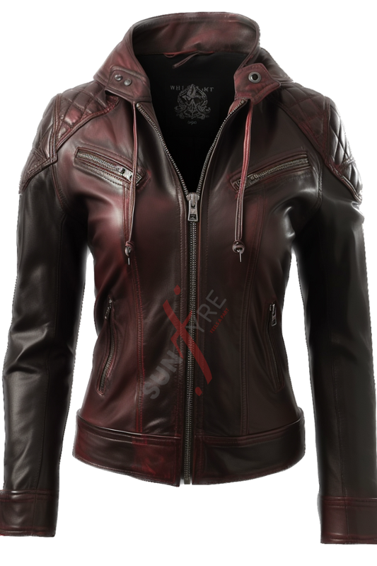 Real Sheepskin Brown Distressed Cafe Racer Leather Jacket For Women