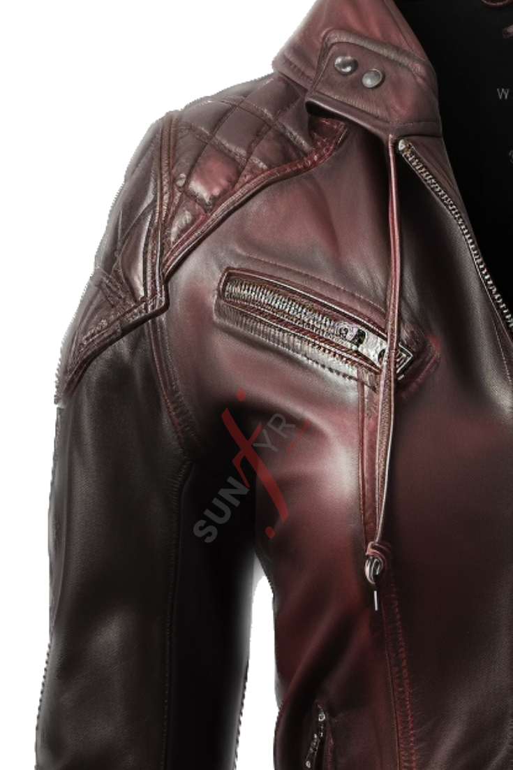 Brown Distressed Cafe Racer Leather Jacket For Women