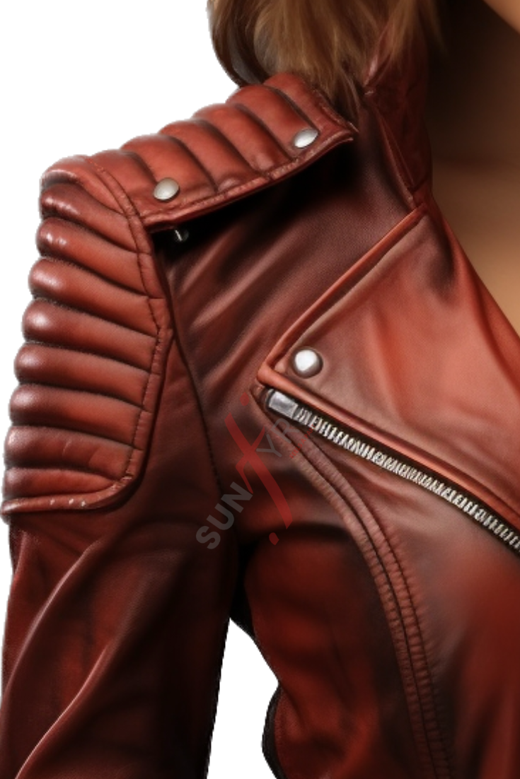 Burgundy Distressed Leather Motorcycle Jacket For Women