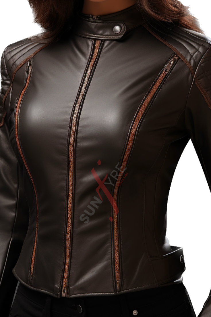 Brown Slim Fit Biker Leather Jacket For Women