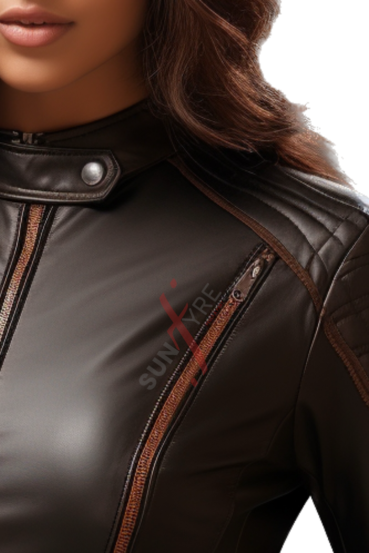 Dark Brown Slim Fit Leather Jacket For Women