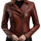 Sheepskin Burgundy Asymmetrical Distressed Leather Biker Jacket For Women