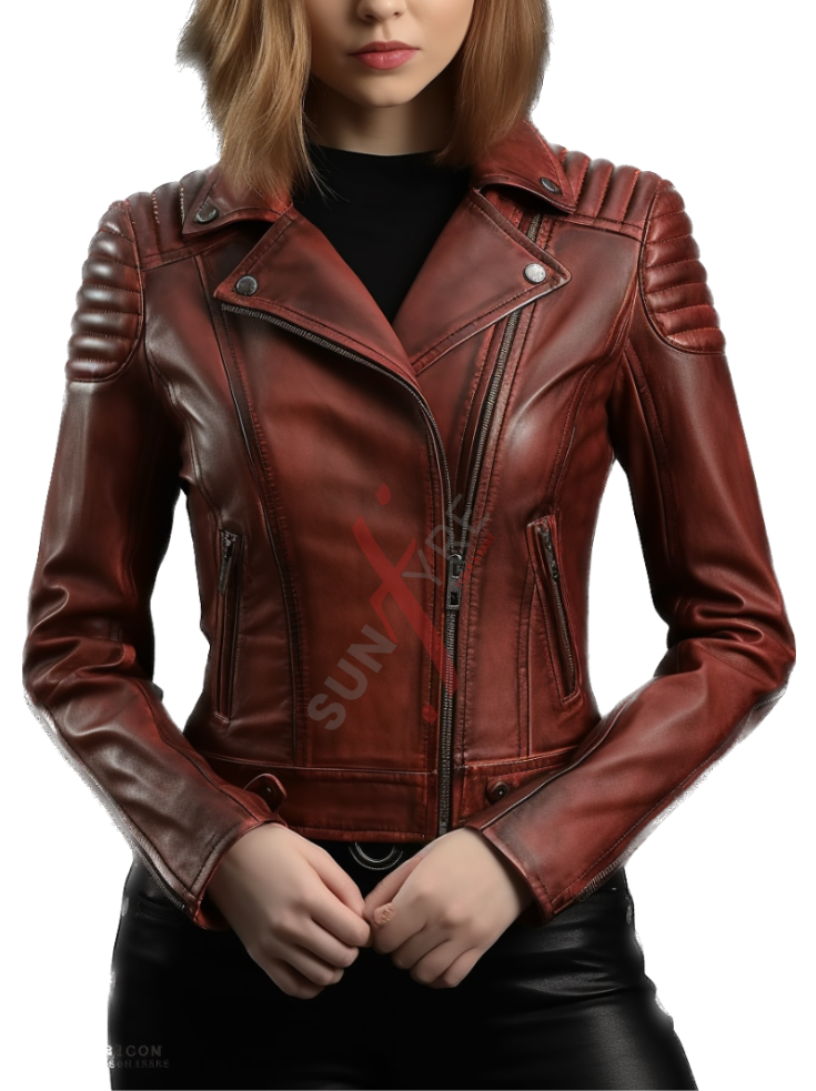 Sheepskin Burgundy Asymmetrical Distressed Leather Biker Jacket For Women