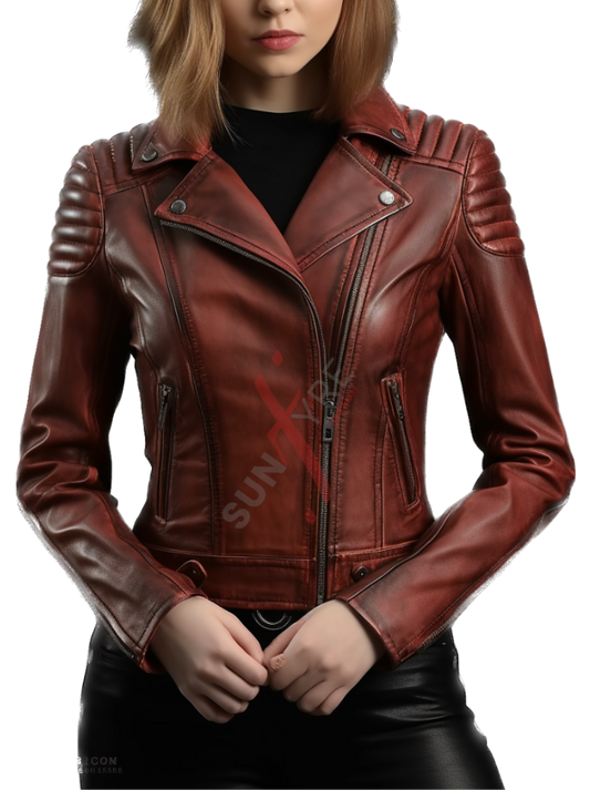 Sheepskin Burgundy Asymmetrical Distressed Leather Biker Jacket For Women