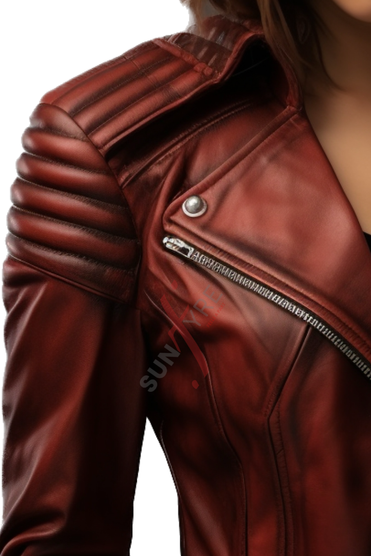 Burgundy Distressed Leather Motorcycle Jacket For Women