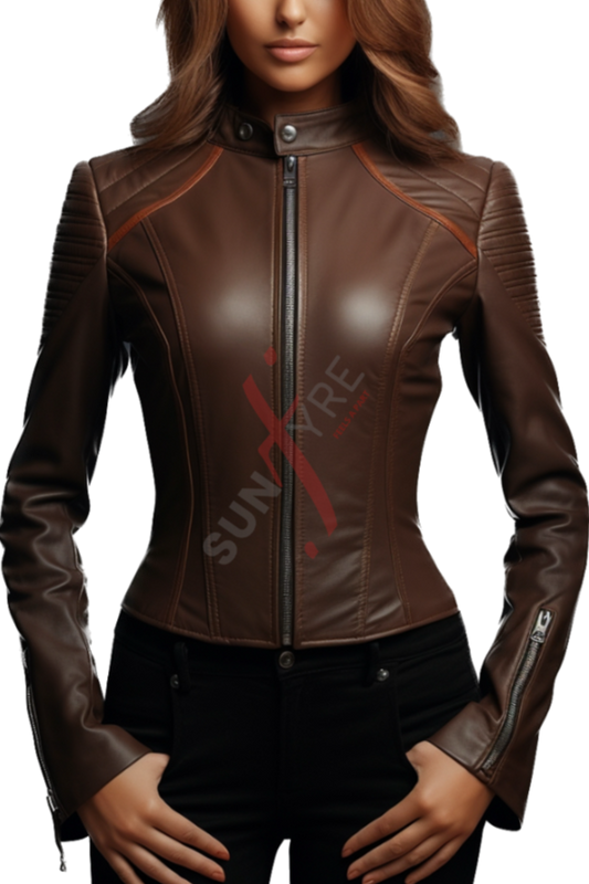 Brown Slim Fit Cafe Racer Leather Jacket For Women