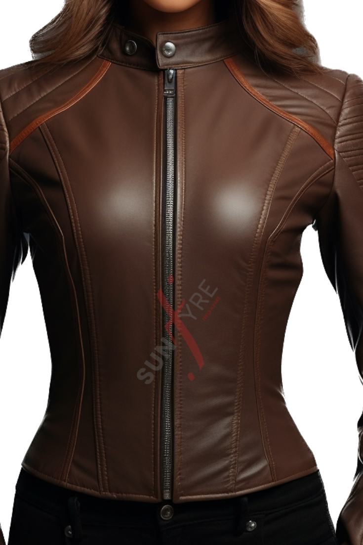 Brown  Cafe Racer Leather Jacket For Women