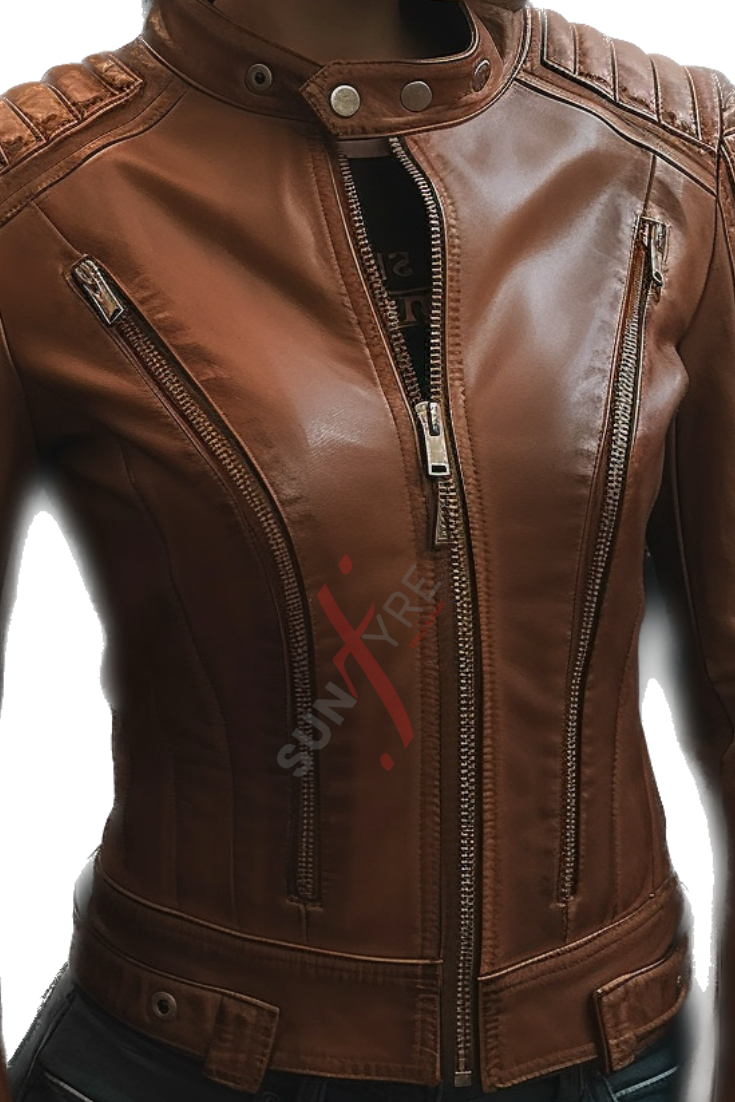 Sheepskin Tan Cafe Racer Leather Jacket For Women