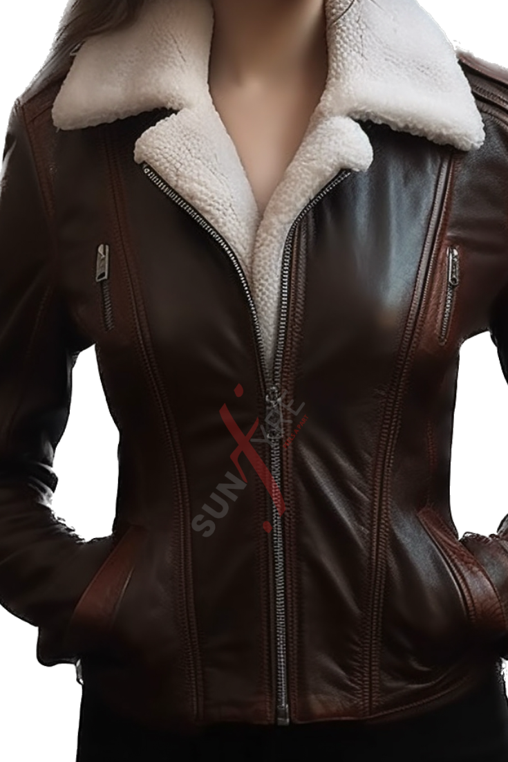 Sheepskin Brown Shearling Motorcycle Leather Jacket For Women