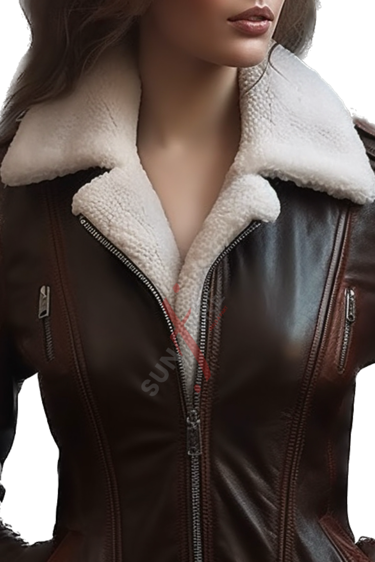 Real Sheepskin Brown Shearling Motorcycle Leather Jacket For Women