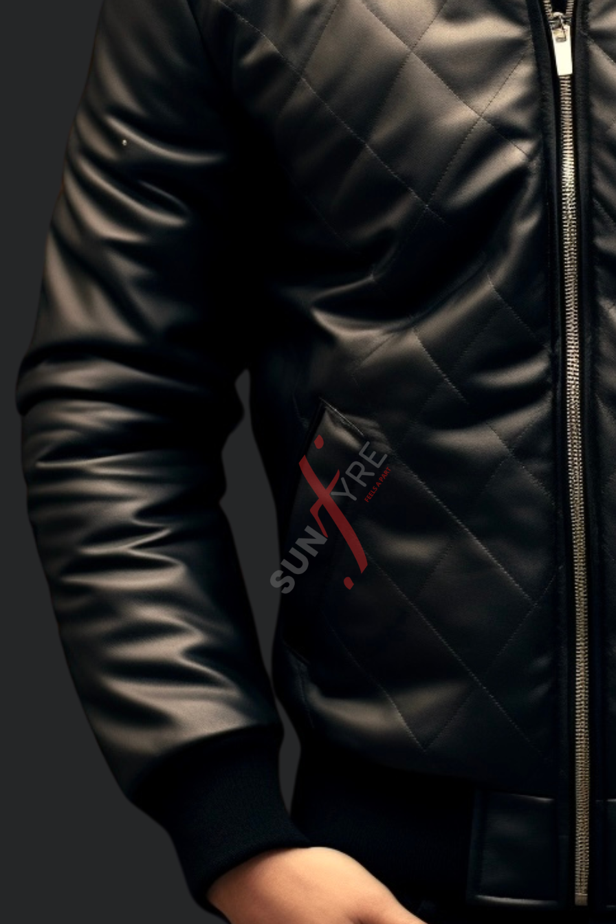 Black Quilted Bomber Leather Jacket 